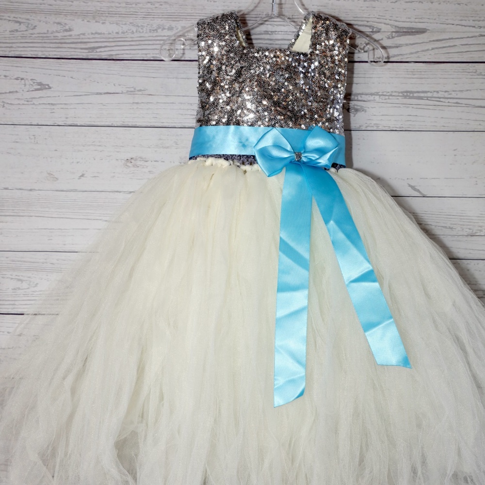 HANDMADE SILVER SEQUIN AND OFF WHITE TULLE GIRLS